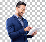 Man, business and tablet with a smile in studio for communicatio