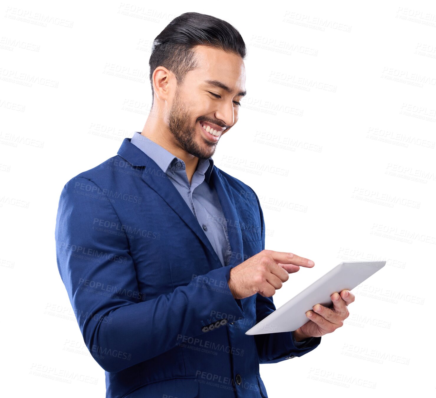 Buy stock photo Tablet, corporate and research with a business man isolated on a transparent background for information technology. Internet, planning and networking with a happy young male employee searching on PNG