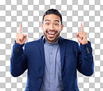 Excited man, business and pointing hands at space in studio for motivation and advertising. Asian male model portrait on gray background as happy leader with fingers for mockup promotion announcement