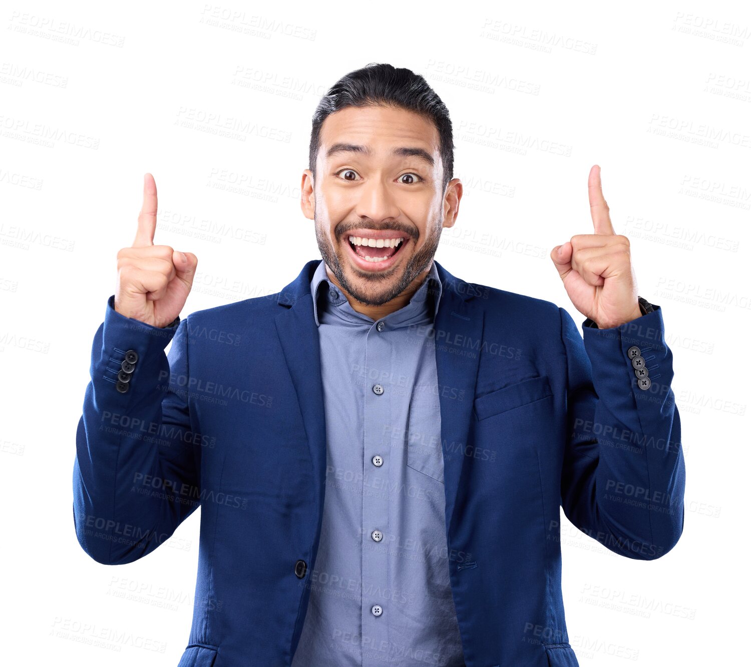 Buy stock photo Excited man, portrait and pointing up for business isolated on a transparent png background. Asian person, hand gesture and point to marketing, advertising or commercial branding, promotion and happy