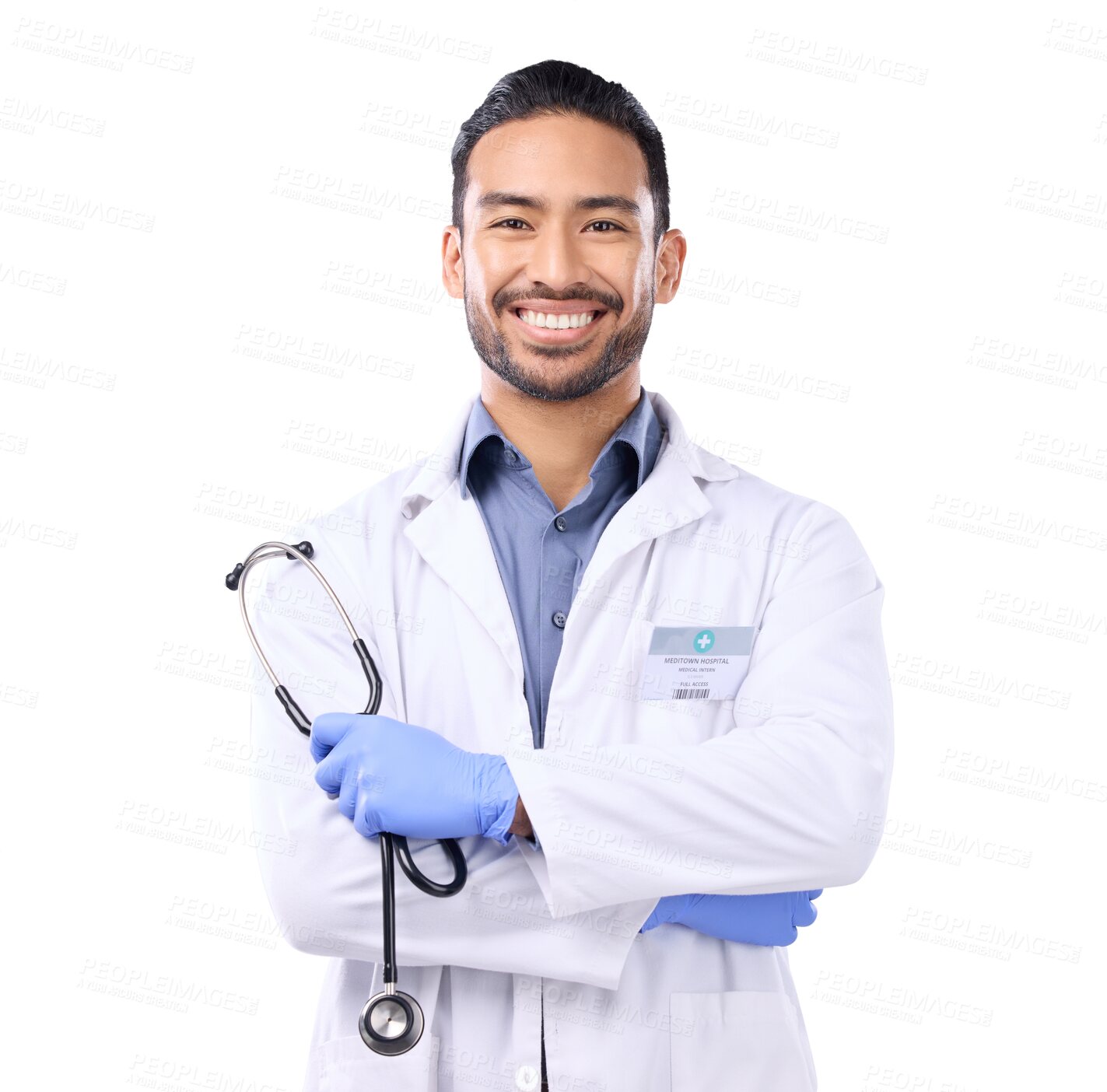 Buy stock photo Doctor, health and man in portrait with stethoscope, arms crossed and confident isolated on transparent png background. Asian male physician, medical professional and healthcare, smile and medicine