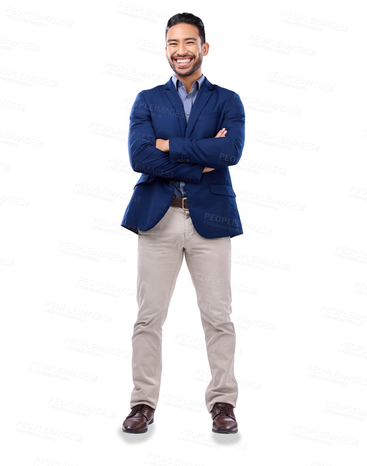 Buy stock photo Portrait, smile and arms crossed with a business man isolated on a transparent background for corporate work. Happy, proud and professional with a young male salesman on PNG as a n agency employee 