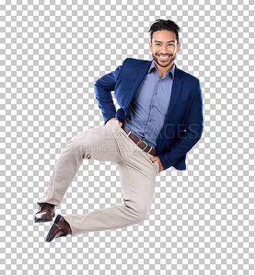 Buy stock photo Portrait, energy and jump with a business man isolated on a transparent background in celebration of achievement. Freedom, success and winner with an excited male employee in a corporate suit on PNG