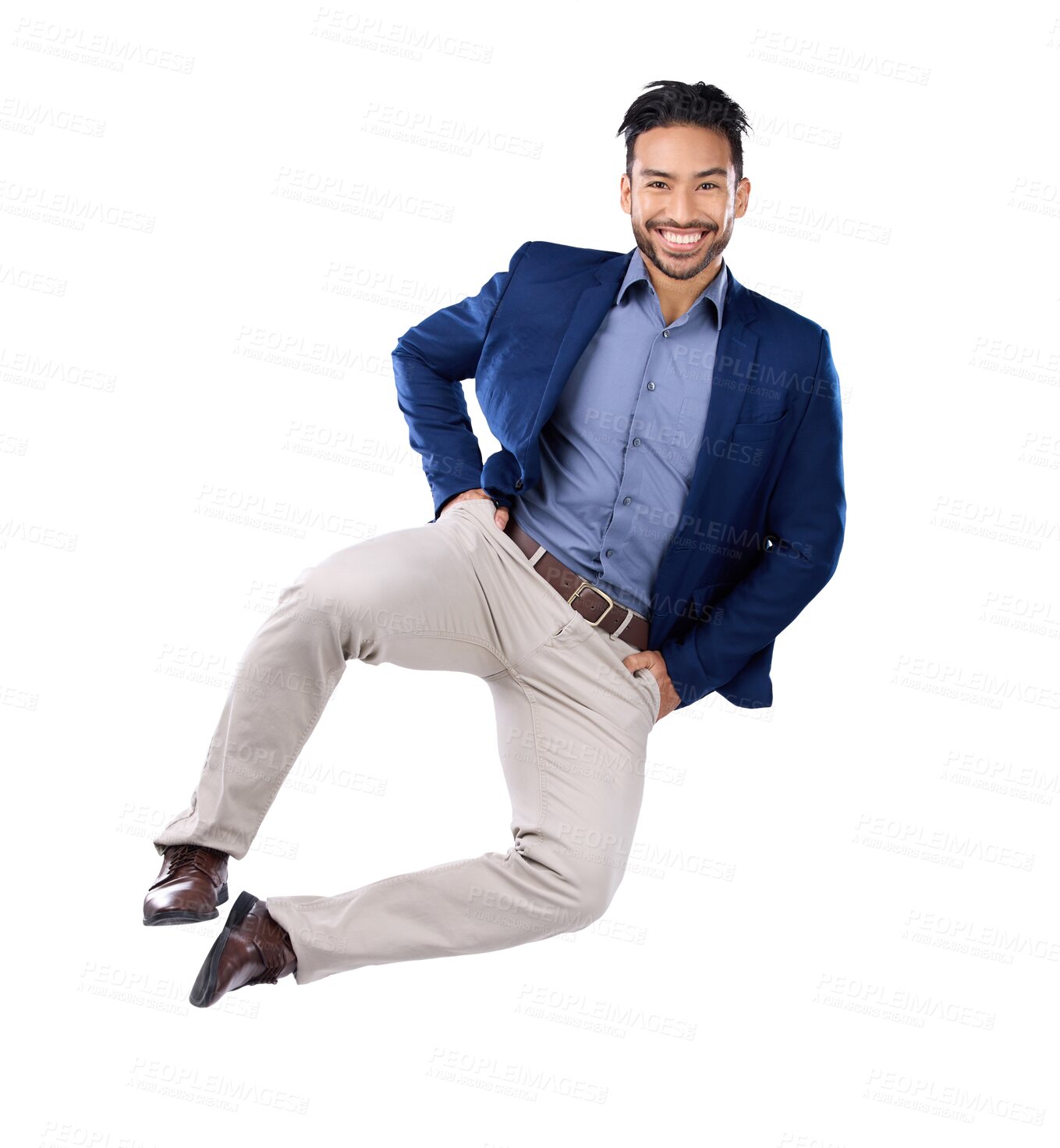 Buy stock photo Portrait, energy and jump with a business man isolated on a transparent background in celebration of achievement. Freedom, success and winner with an excited male employee in a corporate suit on PNG