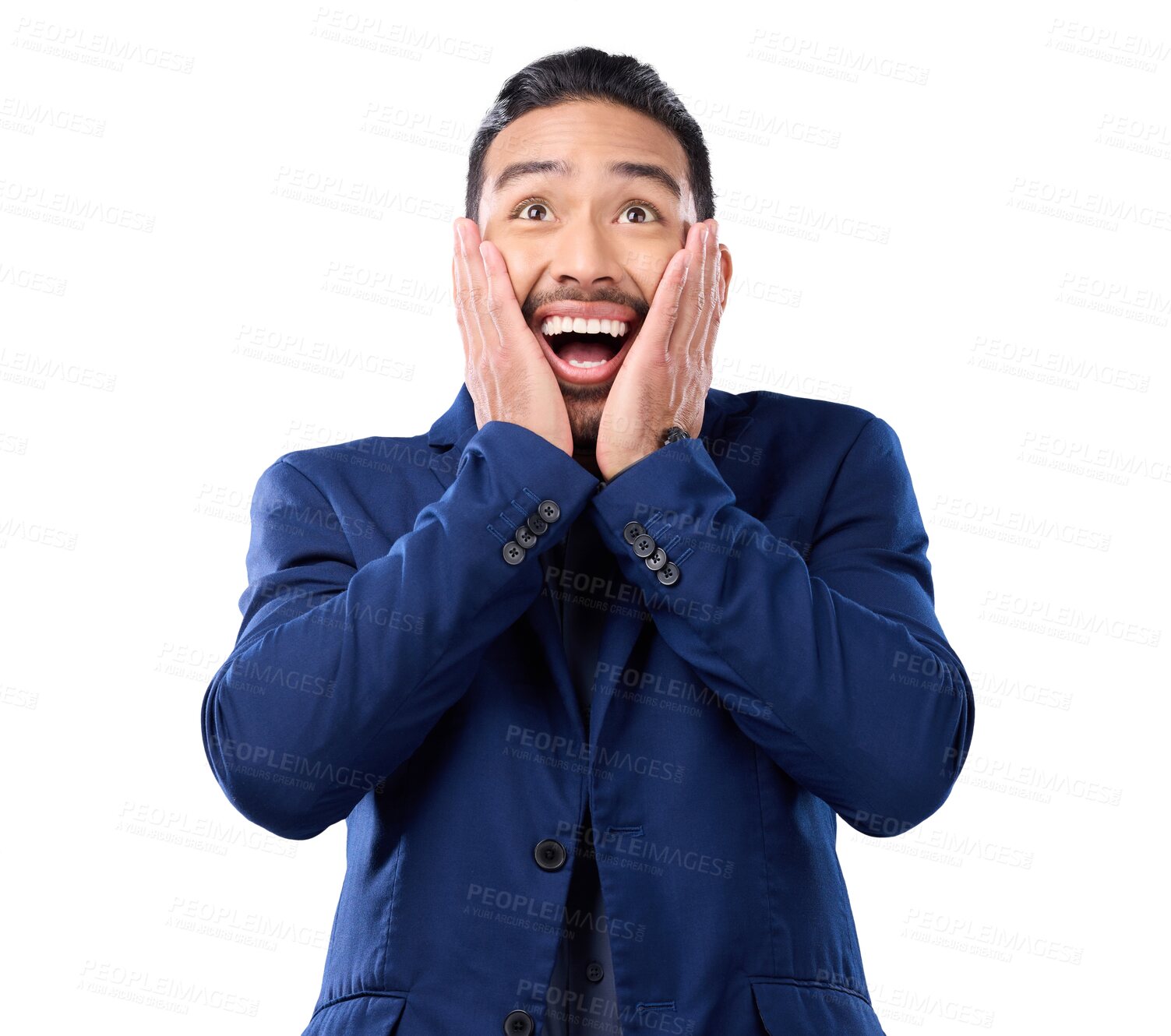 Buy stock photo Wow, surprise and bonus with a business man looking excited isolated on a transparent background. Corporate, winner or shocked with a mind blown male employee feeling amazed by an announcement on PNG