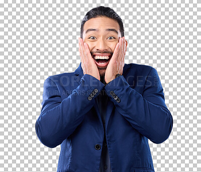 Buy stock photo Surprise, excited and portrait of a business man with wow, happiness and good news. Winner, promotion and happy professional male person with hands on face isolated on a transparent, png background