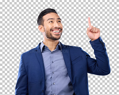 Buy stock photo Smile, business man and pointing up at space isolated on a transparent png background. Asian person, hand gesture and point to marketing, advertising and excited for commercial, branding or promotion