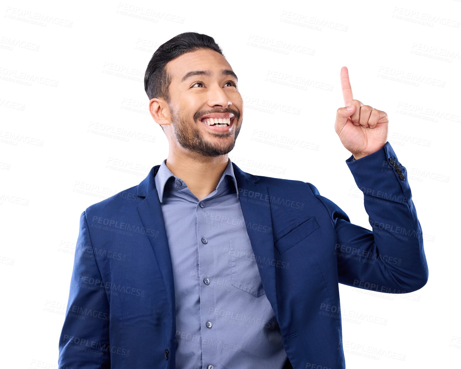 Buy stock photo Smile, business man and pointing up at space isolated on a transparent png background. Asian person, hand gesture and point to marketing, advertising and excited for commercial, branding or promotion