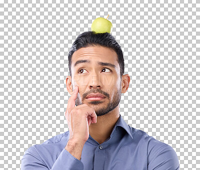 Apple, head balance and man thinking of fruit product choice for weight loss diet, healthcare food or detox. Nutritionist face, studio person and contemplating male vegan isolated on gray background