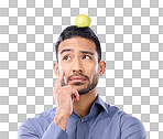 Apple, head balance and man thinking of fruit product choice for weight loss diet, healthcare food or detox. Nutritionist face, studio person and contemplating male vegan isolated on gray background