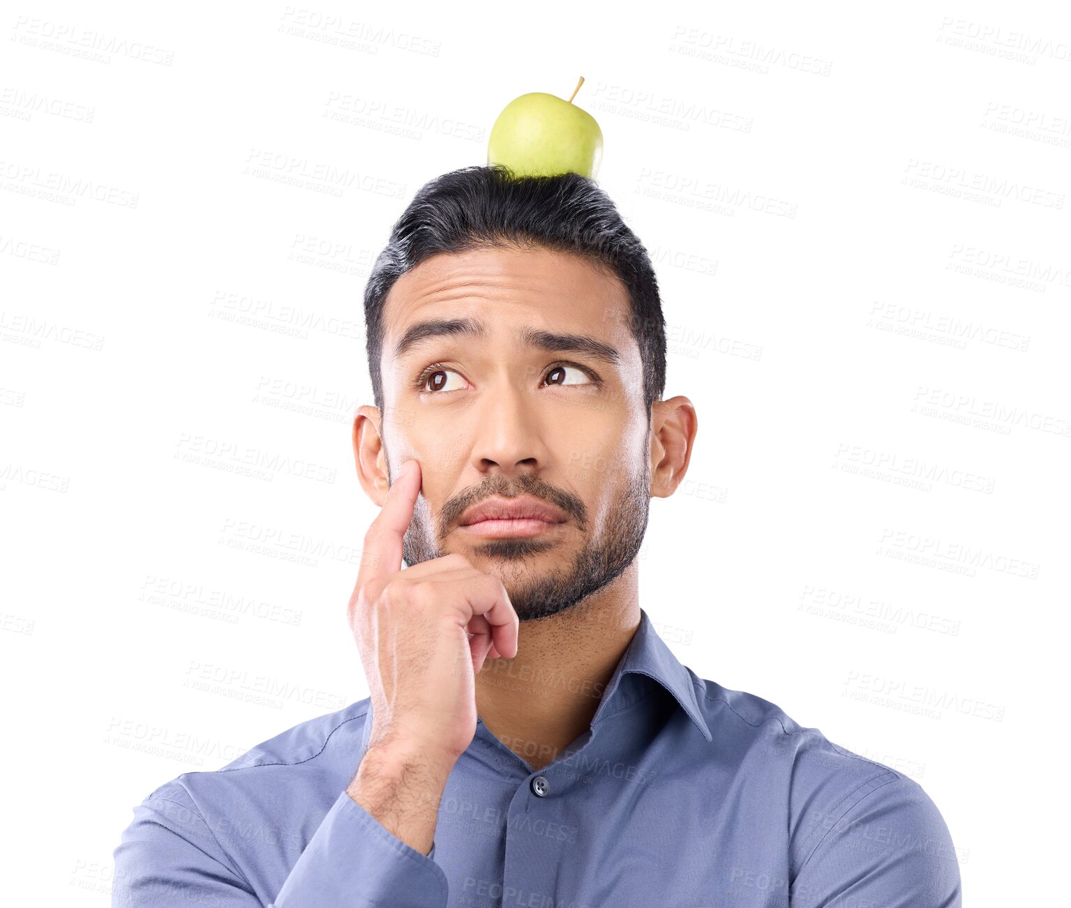 Buy stock photo Man, apple on head and balance nutrition, thinking about health and fruit isolated on transparent png background. Lose weight, diet and male person contemplating vegan lifestyle with healthy food