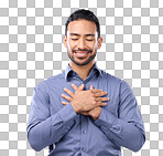 Pray, hands on chest and happy man in studio with self love, hope and love on grey background. Praying, hand and open heart gesture by male show emoji, gratitude and calm zen while standing isolated