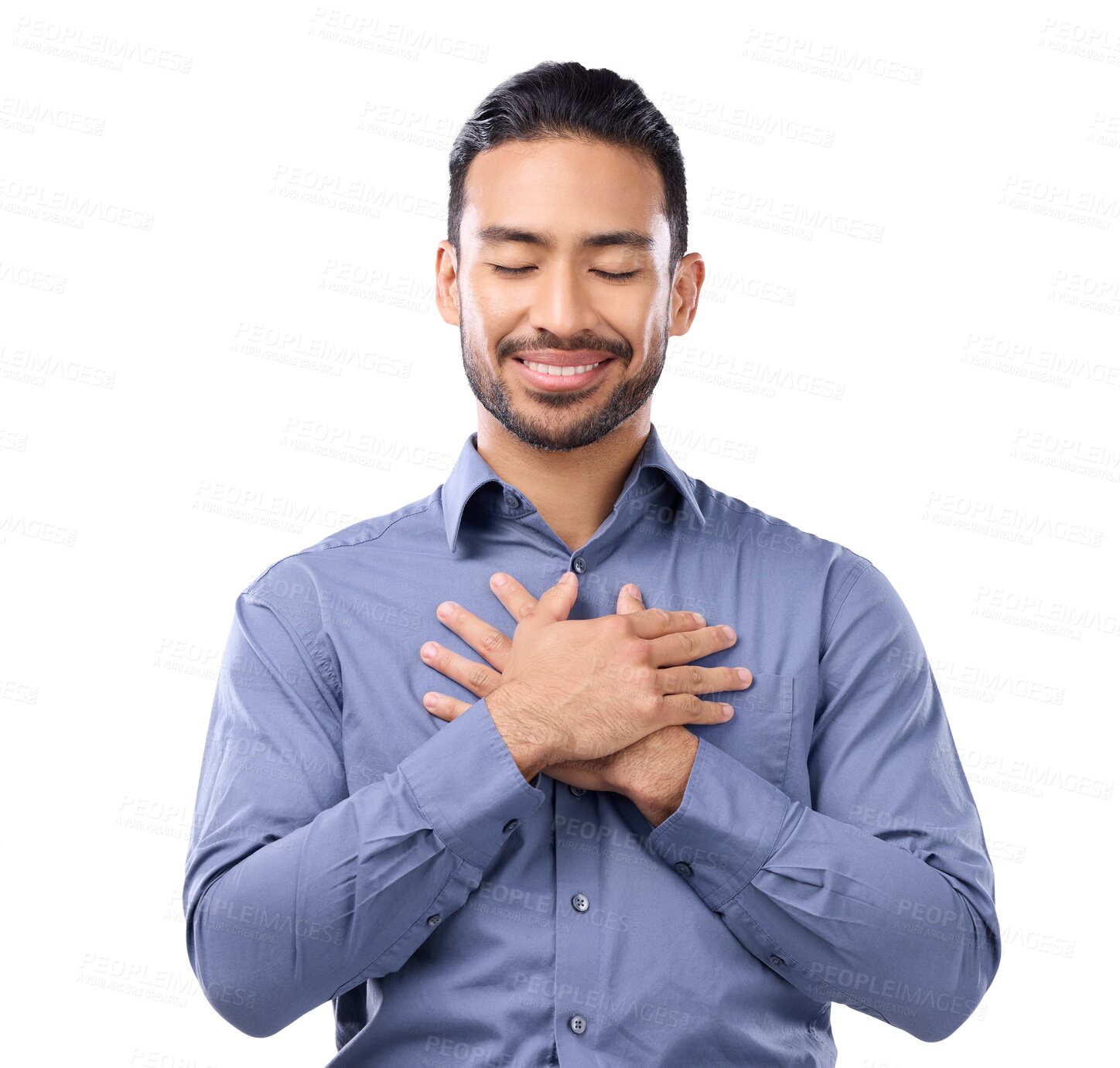 Buy stock photo Pray, hands on chest and man with self love, hope and happiness isolated against a transparent background. Praying, hand and open heart gesture with male person, emoji and gratitude with png and zen