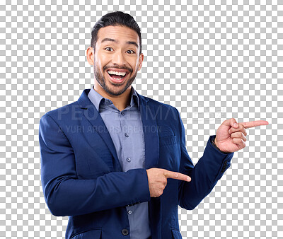 Buy stock photo Portrait, excited man and pointing for business isolated on a transparent png background. Asian person, hand gesture and point to marketing, advertising or commercial branding, promotion and happy