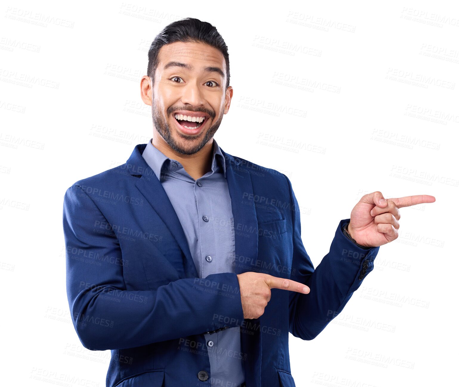 Buy stock photo Portrait, excited man and pointing for business isolated on a transparent png background. Asian person, hand gesture and point to marketing, advertising or commercial branding, promotion and happy