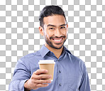 Business man, coffee cup toast and portrait in studio with smile