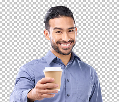 Buy stock photo Business man, coffee in hand and portrait with a smile, motivation and offer or cheers . Happy asian businessman giving takeaway drink for motivation isolated on a transparent, png background