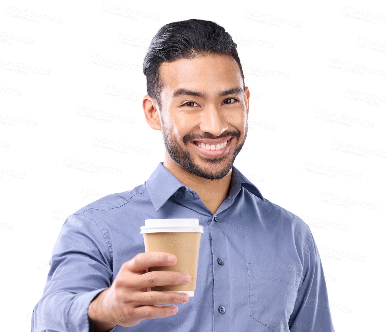 Buy stock photo Business man, coffee in hand and portrait with a smile, motivation and offer or cheers . Happy asian businessman giving takeaway drink for motivation isolated on a transparent, png background