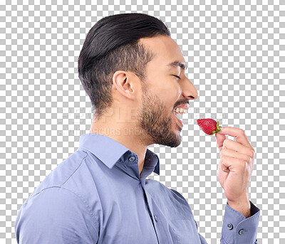 Buy stock photo Healthy, diet and a man eating a strawberry isolated on a transparent png background for natural nutrition. Food, fruit and vegan with a person biting a red berry for dessert, wellness and vitamin c.