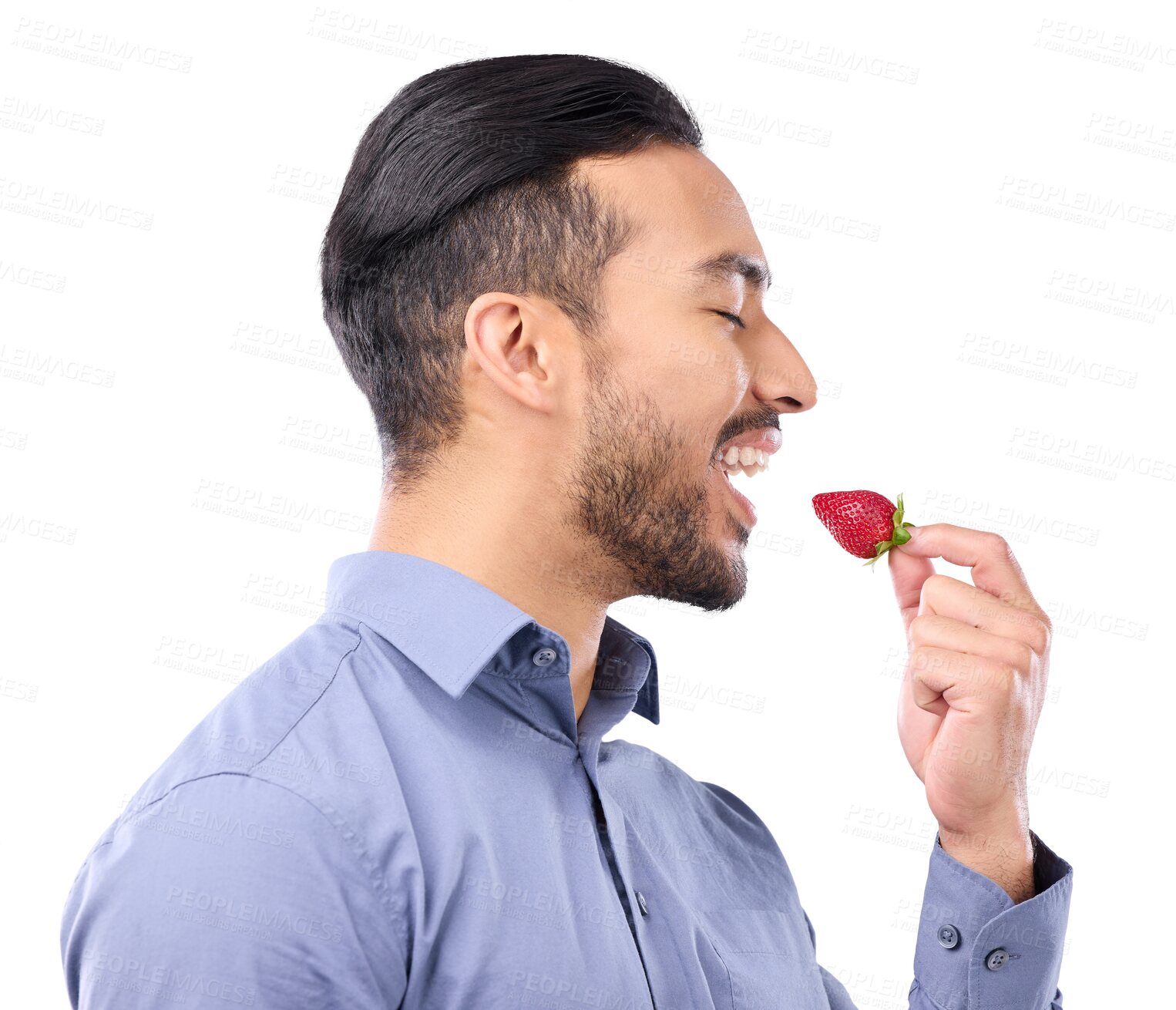 Buy stock photo Healthy, diet and a man eating a strawberry isolated on a transparent png background for natural nutrition. Food, fruit and vegan with a person biting a red berry for dessert, wellness and vitamin c.