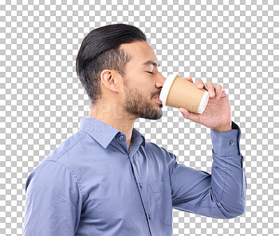 Buy stock photo Business man, happy and drinking coffee isolated on a transparent, png background. Professional asian man profile with a drink for motivation, inspiration and caffeine or energy for corporate career