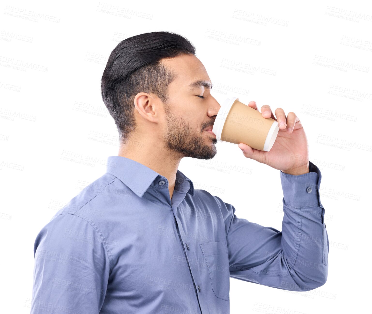 Buy stock photo Business man, happy and drinking coffee isolated on a transparent, png background. Professional asian man profile with a drink for motivation, inspiration and caffeine or energy for corporate career