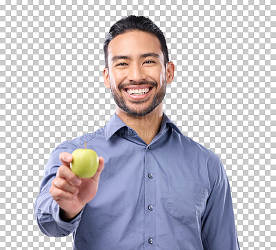 Apple, portrait and man happy with fruit for weight loss diet, studio healthcare or body detox. Wellness food, nutritionist lifestyle person and male vegan giving product isolated on gray background