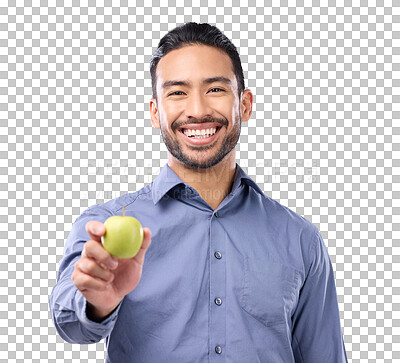 Buy stock photo Man, apple and nutrition, portrait and health with organic fruit isolated on transparent png background. Lose weight, diet and happy male person with vegan lifestyle, healthy food and wellness