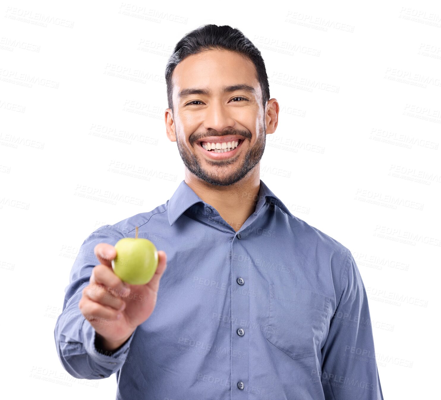 Buy stock photo Man, apple and nutrition, portrait and health with organic fruit isolated on transparent png background. Lose weight, diet and happy male person with vegan lifestyle, healthy food and wellness