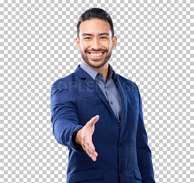 Buy stock photo Isolated business man, open handshake and portrait with smile, welcome or greeting by transparent png background. Young business man, happy crm and kindness for agreement, hiring or b2b onboarding