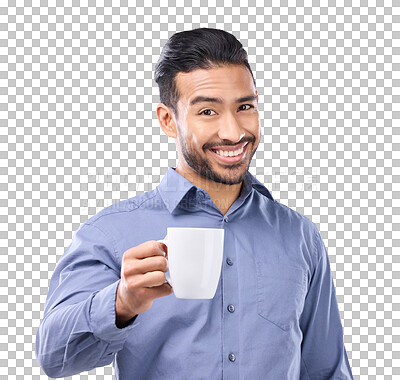 Buy stock photo Business man, portrait and coffee cup in hand with a smile, motivation and offer or cheers . Happy asian businessman giving takeaway drink for inspiration isolated on a transparent, png background