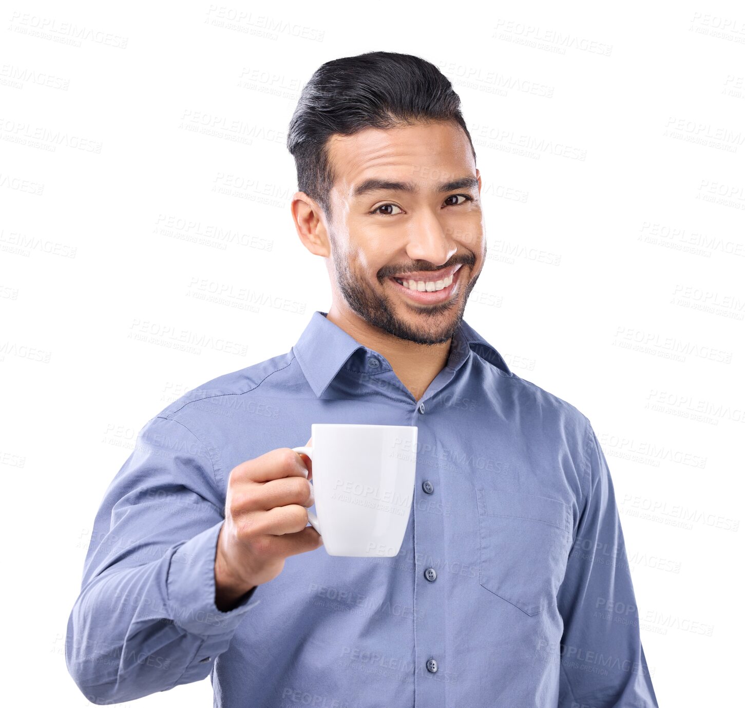 Buy stock photo Business man, portrait and coffee cup in hand with a smile, motivation and offer or cheers . Happy asian businessman giving takeaway drink for inspiration isolated on a transparent, png background