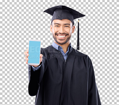 Buy stock photo Portrait, phone and green screen with a man at graduation isolated on a transparent background for education. Study, learning and mockup on screen with a happy male student or graduate on PNG