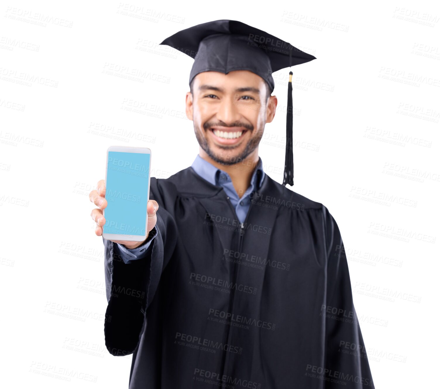 Buy stock photo Portrait, phone and green screen with a man at graduation isolated on a transparent background for education. Study, learning and mockup on screen with a happy male student or graduate on PNG