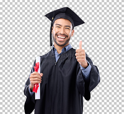 Buy stock photo Portrait, thumbs up and graduation of man with certificate isolated on a transparent png background. Like hand, excited and Asian graduate with diploma, success in college and education achievement.