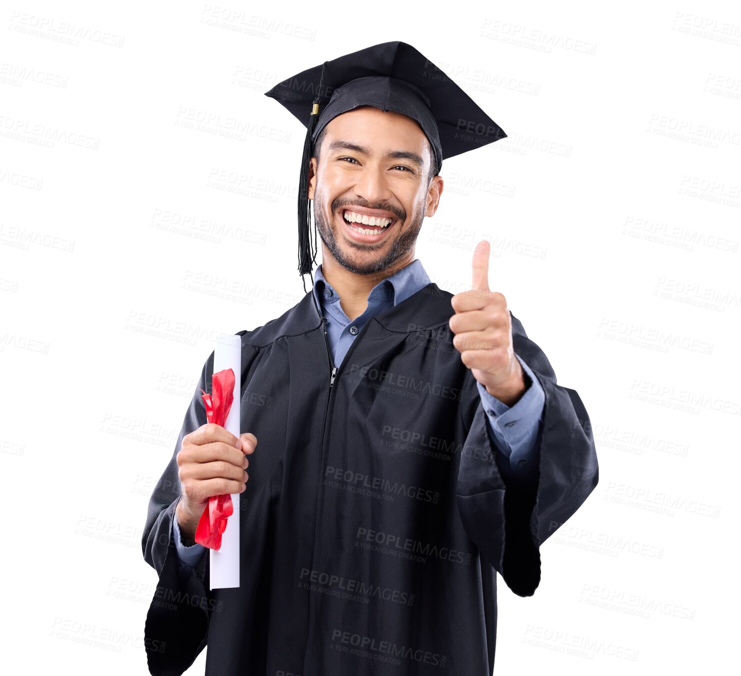 Buy stock photo Portrait, thumbs up and graduation of man with certificate isolated on a transparent png background. Like hand, excited and Asian graduate with diploma, success in college and education achievement.