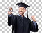 Asian man, selfie and smile for graduation, scholarship or diplo