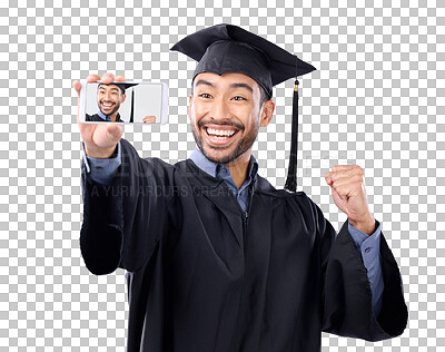 Buy stock photo Isolated man, graduation selfie and university event with smile, photography and transparent png background. Young college student, graduate and profile picture for post update on social network app