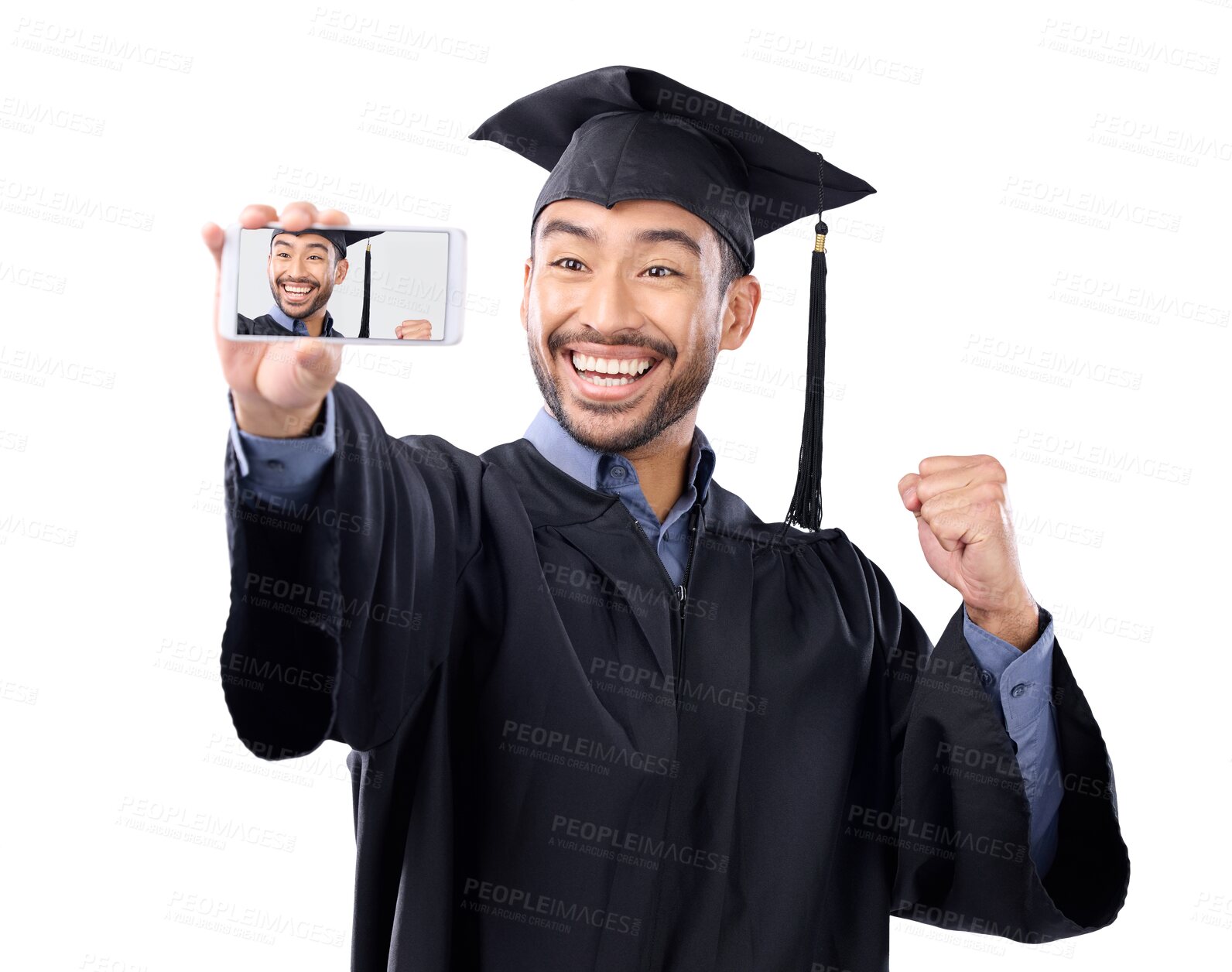 Buy stock photo Isolated man, graduation selfie and university event with smile, photography and transparent png background. Young college student, graduate and profile picture for post update on social network app