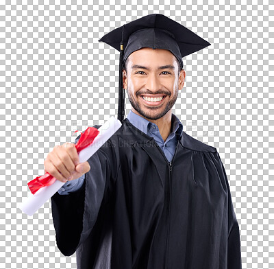 Buy stock photo Portrait, certificate and graduation of Asian man isolated on a transparent png background. Smile, face or university student with diploma, graduate award or college success for education achievement