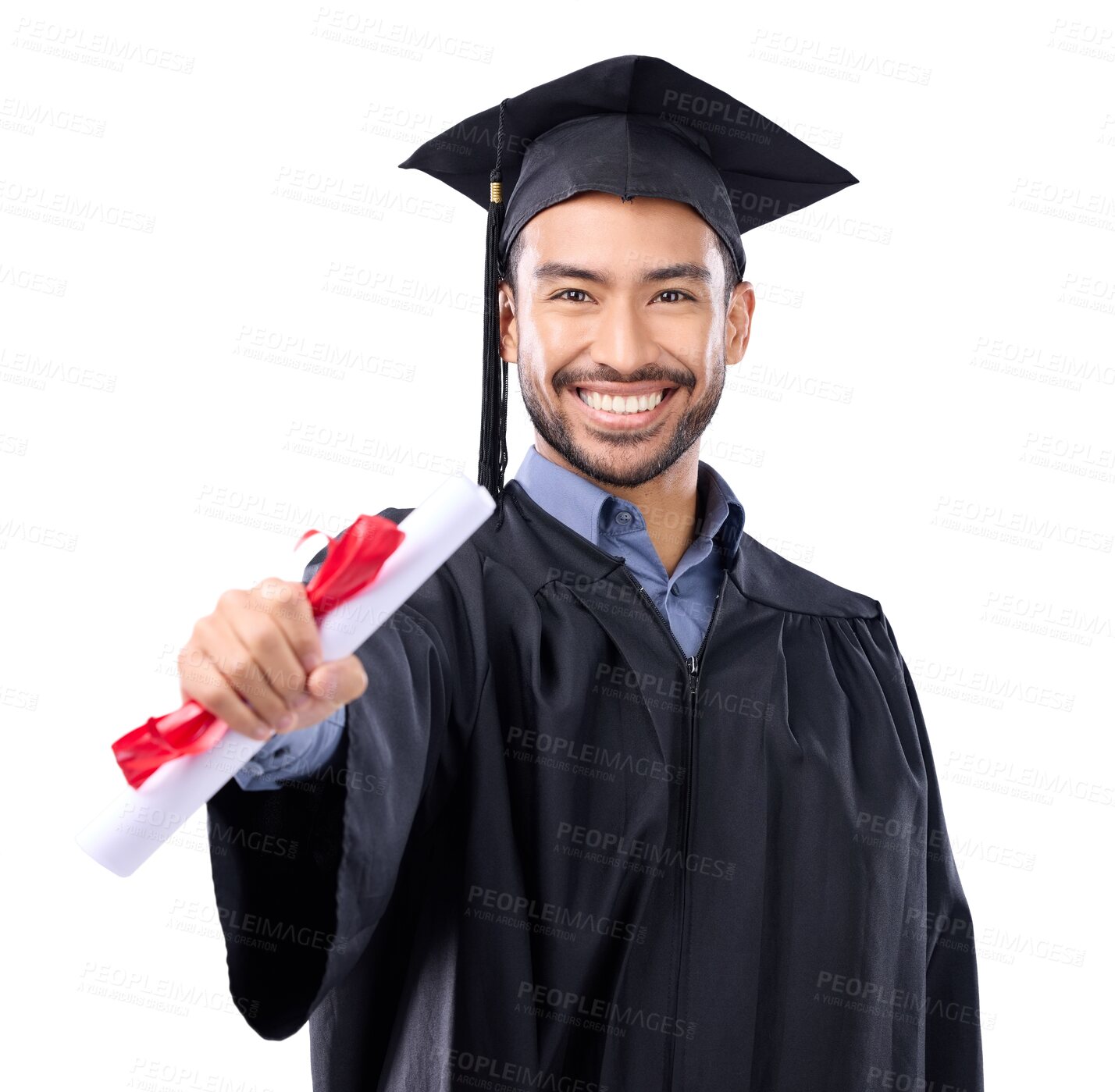 Buy stock photo Portrait, certificate and graduation of Asian man isolated on a transparent png background. Smile, face or university student with diploma, graduate award or college success for education achievement