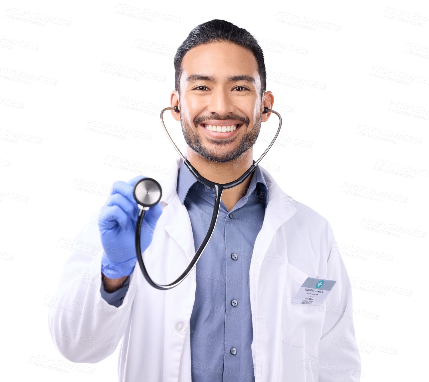 Buy stock photo Doctor, healthcare and man, listen with stethoscope and smile with confidence isolated on transparent png background. Asian male physician, medical professional and portrait, health and equipment