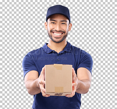 Delivery, box and portrait of asian man in studio for shipping,