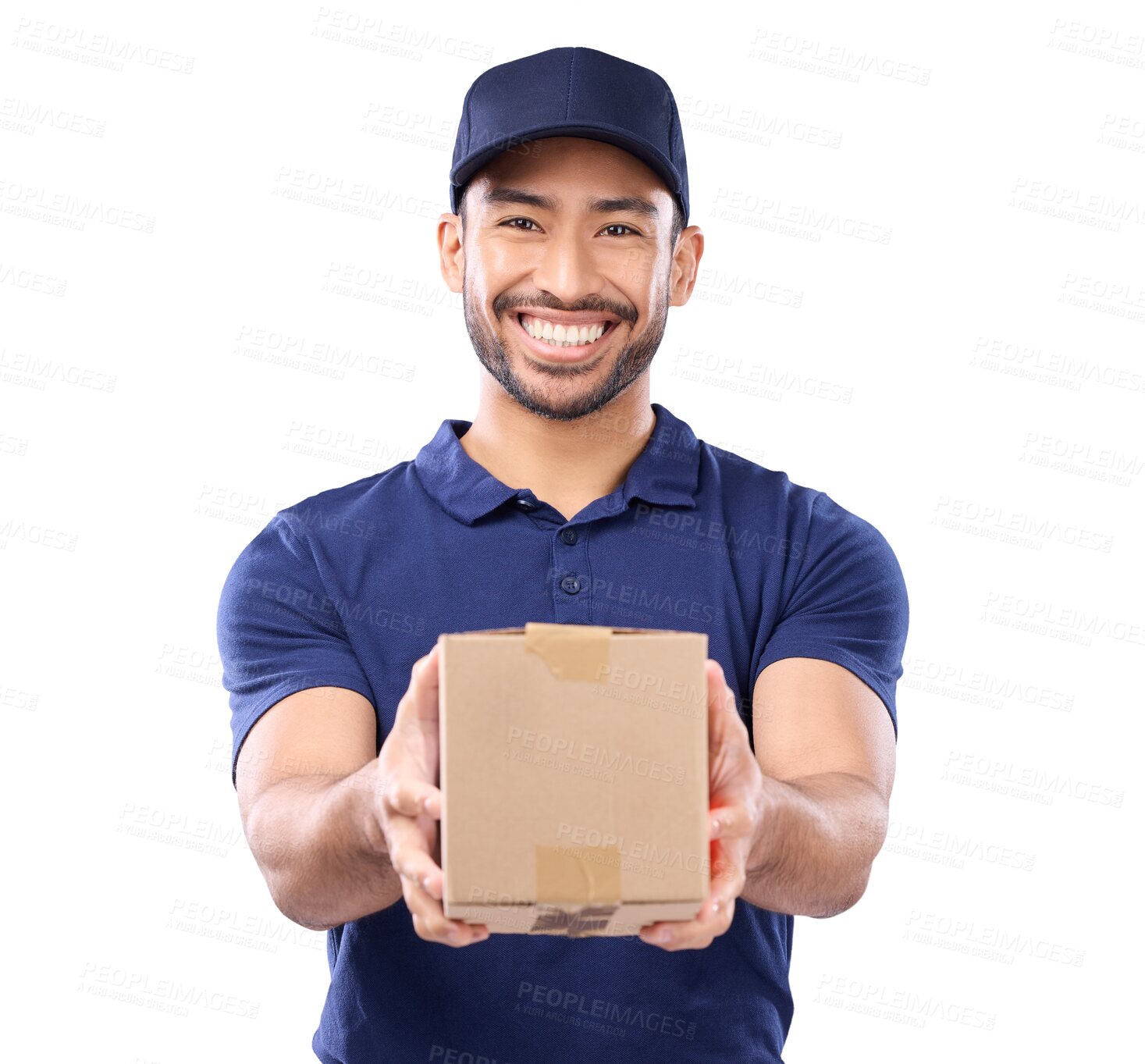 Buy stock photo Portrait, box or delivery with a man courier isolated on transparent background for ecommerce shipping. Logistics, retail or supply chain with a happy young male post office worker on PNG for service