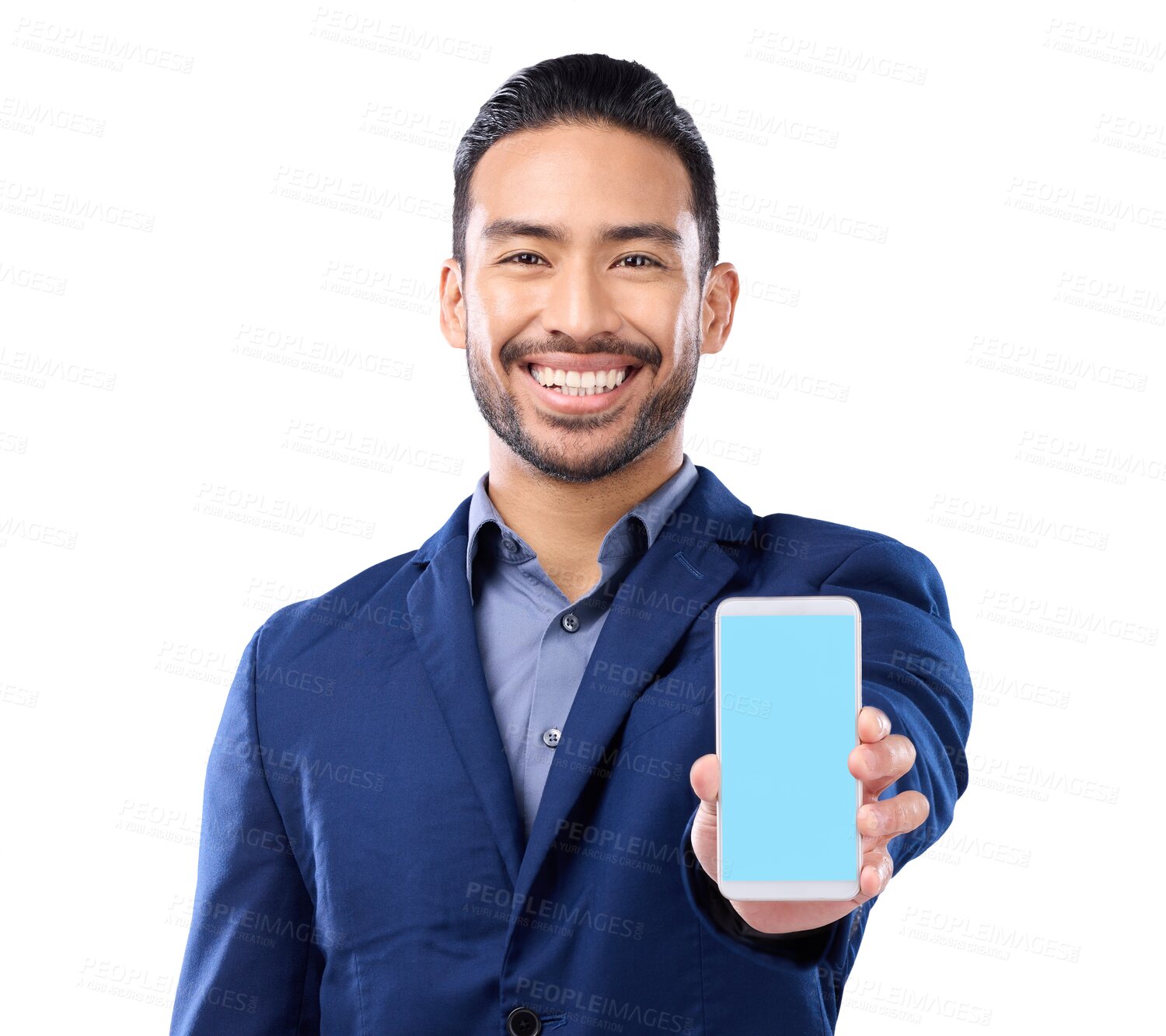 Buy stock photo Business man, phone and green screen mockup portrait with website, advertising and mobile app. Happy asian person with blank smartphone for internet ux or ui isolated on a transparent, png background