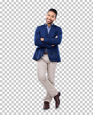 Buy stock photo Portrait, corporate and arms crossed with a business man isolated on a transparent background in a suit. Management, trust and mindset with a happy young male lawyer on PNG for a legal trial