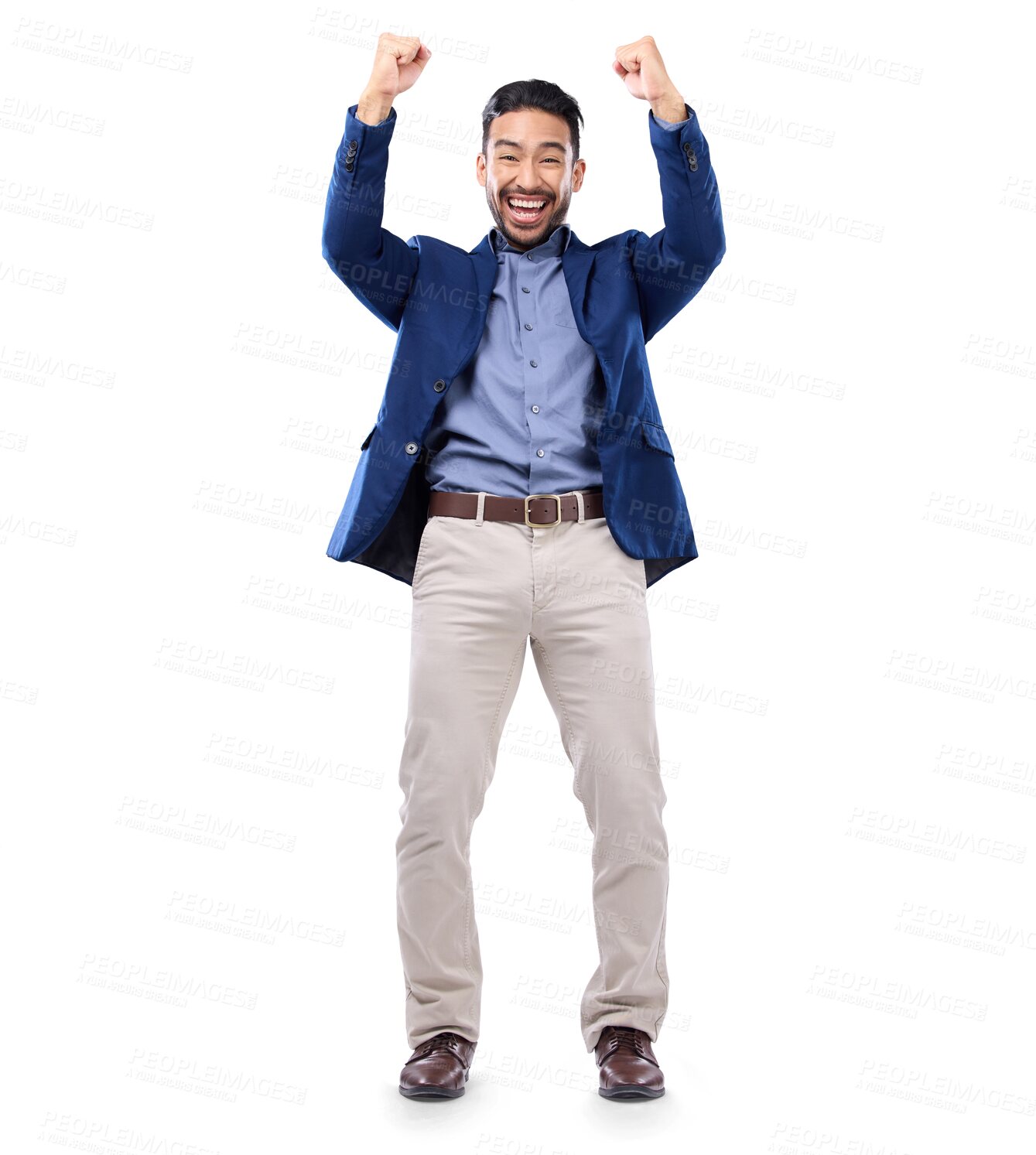 Buy stock photo Excited, celebrate and a business man with success, achievement and good news. Winner, promotion and happy asian person portrait with fist for corporate bonus isolated on transparent, png background