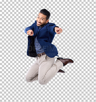 Buy stock photo Portrait, pointing and a business man jumping isolated on transparent background in celebration of achievement. Success, motivation or energy with an excited male employee in a corporate suit on PNG