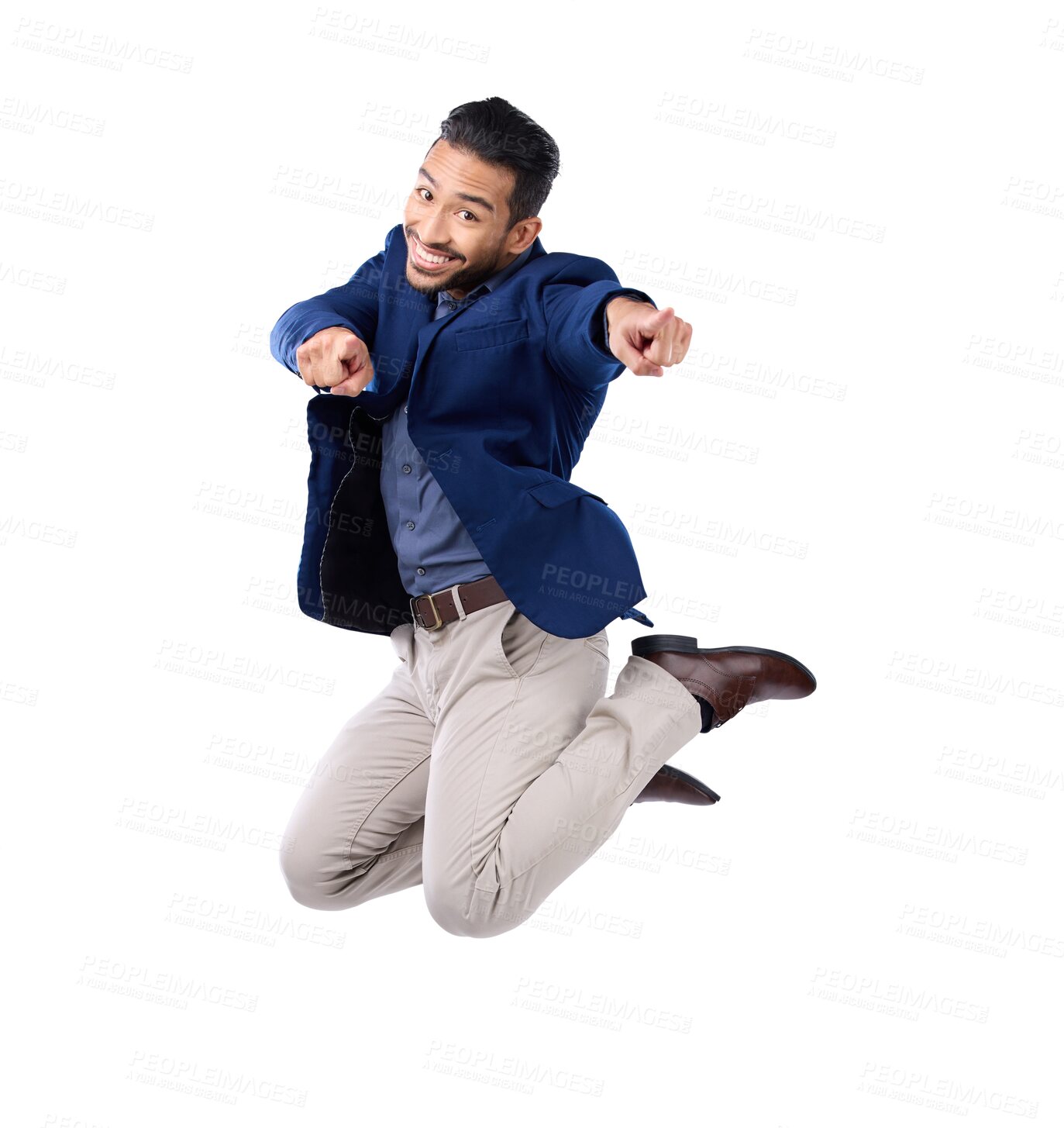 Buy stock photo Portrait, pointing and a business man jumping isolated on transparent background in celebration of achievement. Success, motivation or energy with an excited male employee in a corporate suit on PNG