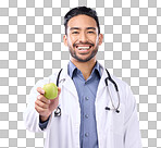 Apple, doctor portrait and man happy with fruit recommendation f